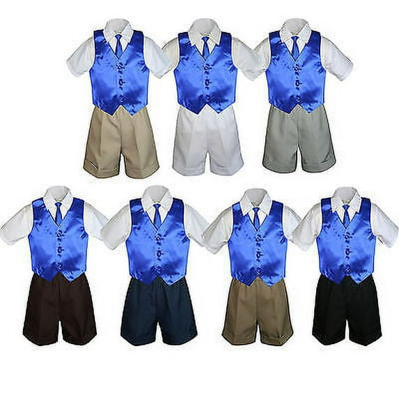 4pc Set Boy Toddler Formal Royal Blue Vest and Necktie Black Khaki Shorts S-4T