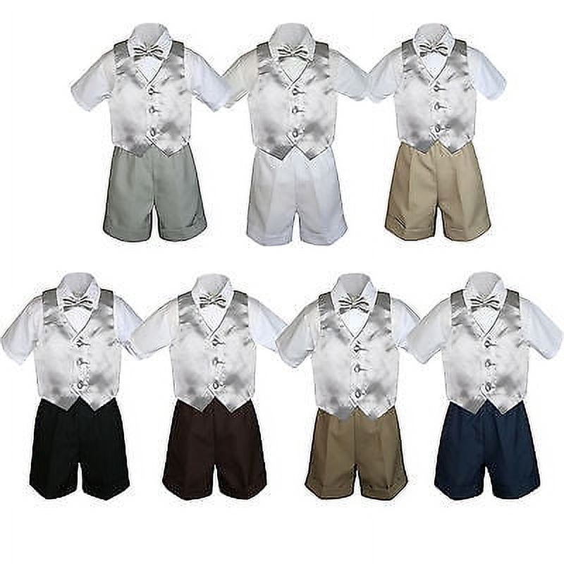 4-Piece Boys' Formal Suit Set - Black Pants, White Shirt, Silver Vest & Tie, Sizes S-14