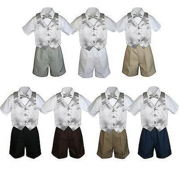4pc Set Boy Toddler Formal Silver Vest and Bow tie White Black Khaki Shorts S-4T