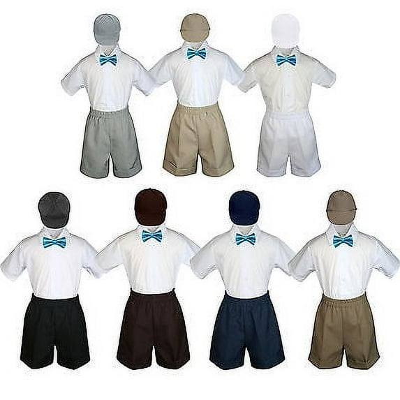 4pc Set Boy Toddler Formal Turquoise Bow Tie White Navy Khaki Shorts+Hat S-4T