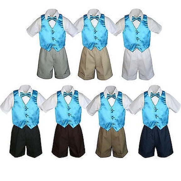 4pc Set Boy Toddler Formal Turquoise Vest and Bow tie White Khaki Shorts S-4T