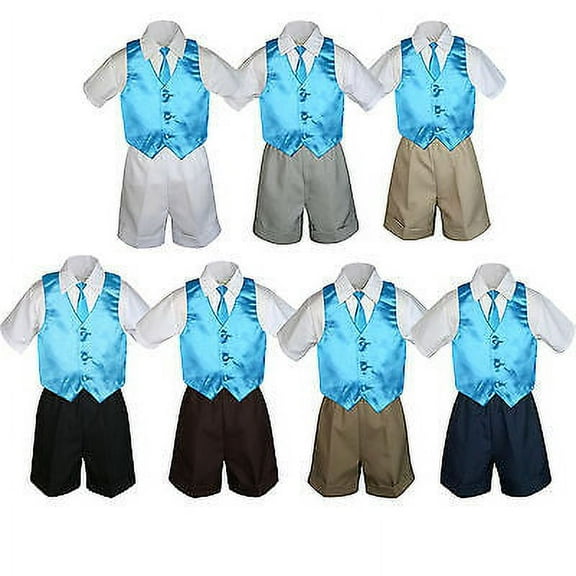 4pc Set Boy Toddler Formal Turquoise Vest and Necktie Black  Khaki Shorts S-4T