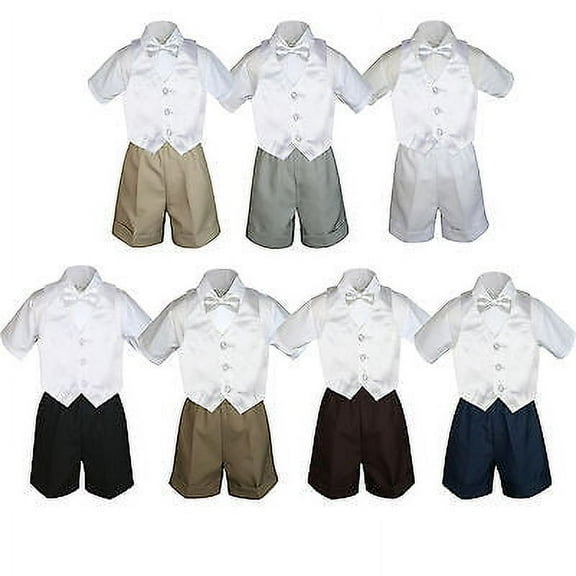 4pc Set Boy Toddler Formal White Vest and Bow tie White Khaki Shorts S-4T