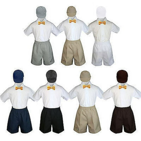 4pc Set Boy Toddler Formal Yellow Bow Tie White Navy Khaki Shorts+Hat S-4T