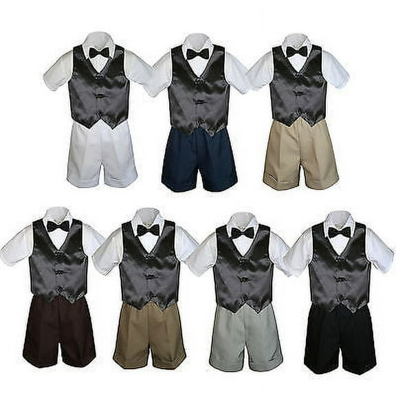 4pc Set BoyToddler Formal Party Black Vest and Bow tie White Khaki Shorts S-4T