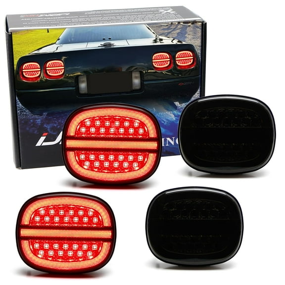 4pc Set Clear Lens w/Black-Out Interior Full LED Halo Vette Tail Lamp Assemblies w/Hyper Flash Bypass Harness, For Chevrolet 1990-1996 C4 Corvette