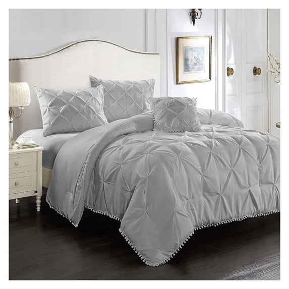 4pc Set Pinch Pleat/Kiss Pleat, Pintuck Down Comforter Set with Pompom (Twin, Silver Grey)
