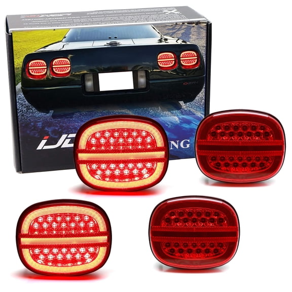 4pc Set Red Lens w/Chrome Reflex Full LED Halo Vette Tail Lamp Assemblies w/Hyper Flash Bypass Harness, For Chevrolet 1990-1996 C4 Corvette