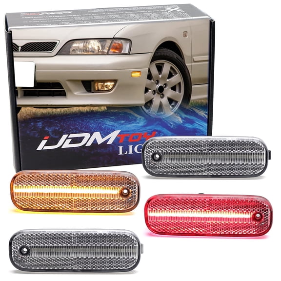 4pc Set Semi-Clear Lens Amber & Red Full LED Strip Front & Rear Side Marker Light Kit For Infiniti G20, Nissan Primera