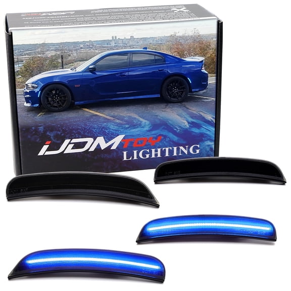 4pc Set Smoked Lens All Blue Front & Rear Full LED Side Marker Light Kit For 2015-2023 Dodge Charger, Powered by Total 180-SMD LED, Replace OEM Amber/Red Lens Sidemarkers