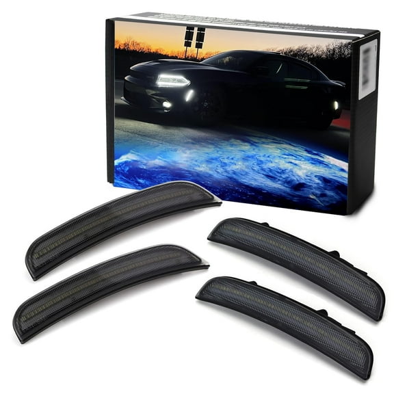 4pc Set Smoked Lens White Front/Rear Full LED Side Marker Light Kit For 2015-up Dodge Charger, Powered by Total 180-SMD LED, Replace OEM Amber/Red Lens Sidemarkers
