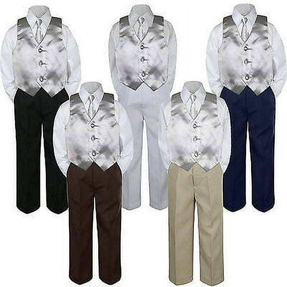 4pc Silver Vest & Tie  Suit Set Baby Boy Toddler Kid Uniform S-7