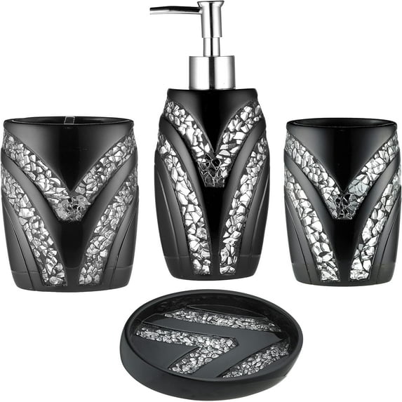 4pc Sinatra Stylish Bathroom Accessories Set Black Soap Dispenser/Lotion Pump, Tumbler, Tooth Brush Holder and Soap Dish Modern Luxury Decor Bling Mosaic Glass Black Bathroom Accessories