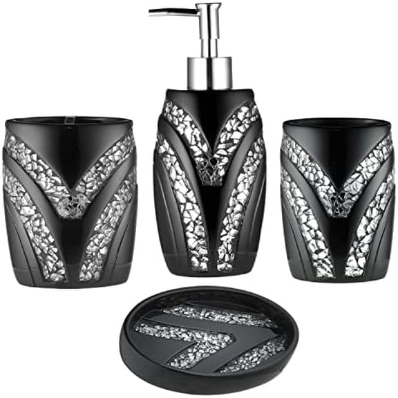4pc Sinatra Stylish Bathroom Accessories Set Black Soap Dispenser/Lotion Pump, Tumbler, Tooth Brush Holder and Soap Dish Modern Luxury Decor Bling Mosaic Glass Black Bathroom Accessories