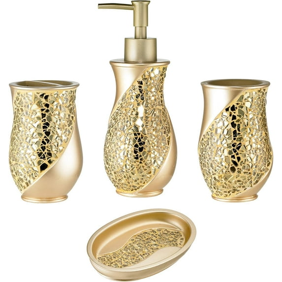 4pc Sinatra Stylish Bathroom Accessories Set Champagne Gold Soap Dispenser Pump, Tumbler, Tooth Brush Holder and Soap Dish Modern Decor Bling Mosaic Glass Gold Bathroom Accessories