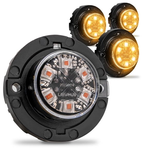 4pc SnakeEye III AMBER LED Hideaway Strobe Light [SAE Class 1] [IP67 Waterproof] [72 Flash Mode] [Multi Units Sync-able] [Steady Override] Yellow Emergency Grille Light For Tow Truck Vehicle