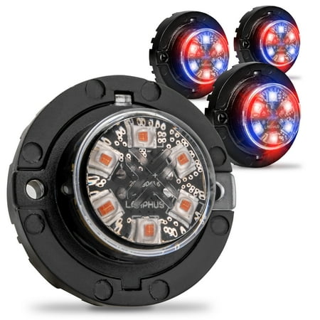 4pc SnakeEye III BLUE RED LED Hideaway Strobe Light [SAE Class 1] [IP67 Waterproof] [72 Flash Modes] [Multi Units Sync-able] [Steady Override] Emergency Strobe Light For Personal Vehicle Truck