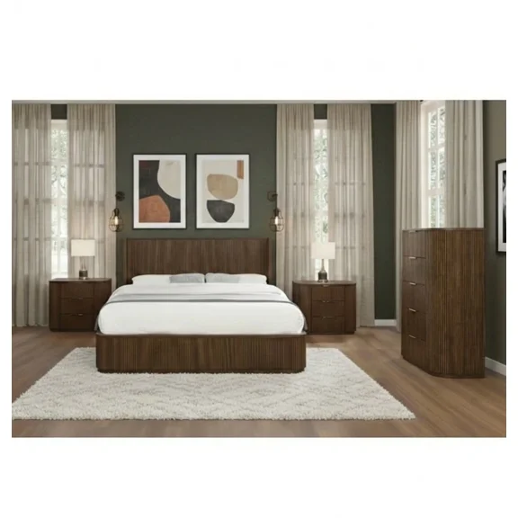 4pc Solid Wood Bedroom Set, California King Platform Bed, 2 Nightstand and 5-Drawer Chest, Brown
