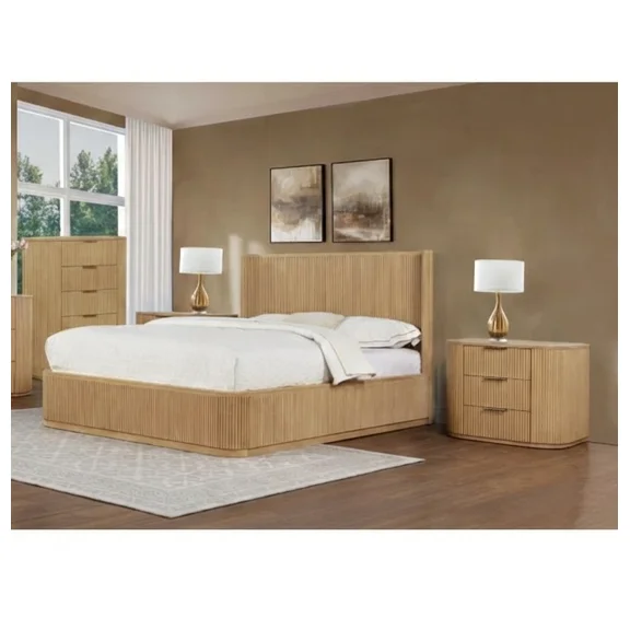 4pc Solid Wood Bedroom Set, California King Platform Bed, 2 Nightstand and 5-Drawer Chest, Light Oak