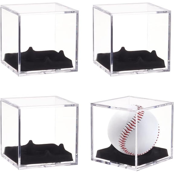 4pc Square Actylic Display Box Baseball Storage Case with Black Velvet Holder Inside Clear 8.1x8.1x8.1cm