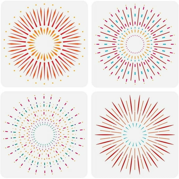 4pc Sunburst Painting Stencil 11.8x11.8in 4 Styles Reusable Radiation Pattern Large Stencil Colorful