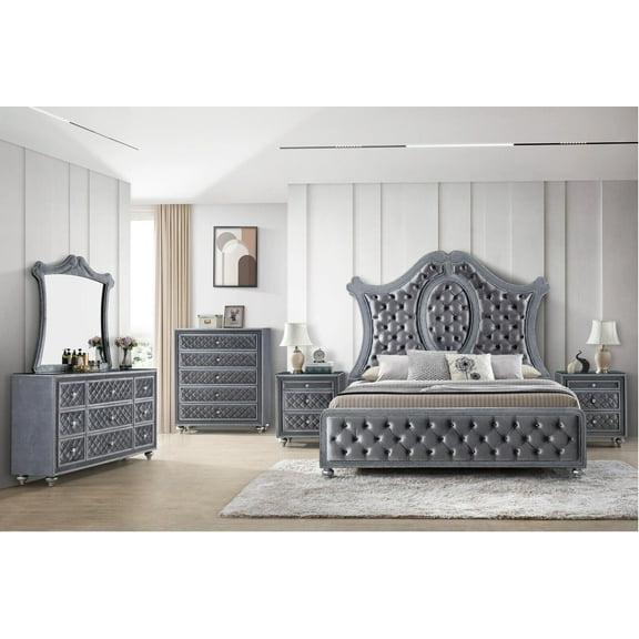 4pc Traditional Upholstered Queen Size Panel Bed Set Arched Headboard Master Bedroom Furniture
