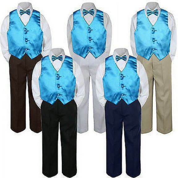 4pc Turquoise Spa Vest  Bow Tie Suit Pants Set Baby Boy Toddler Kid Uniform S-7