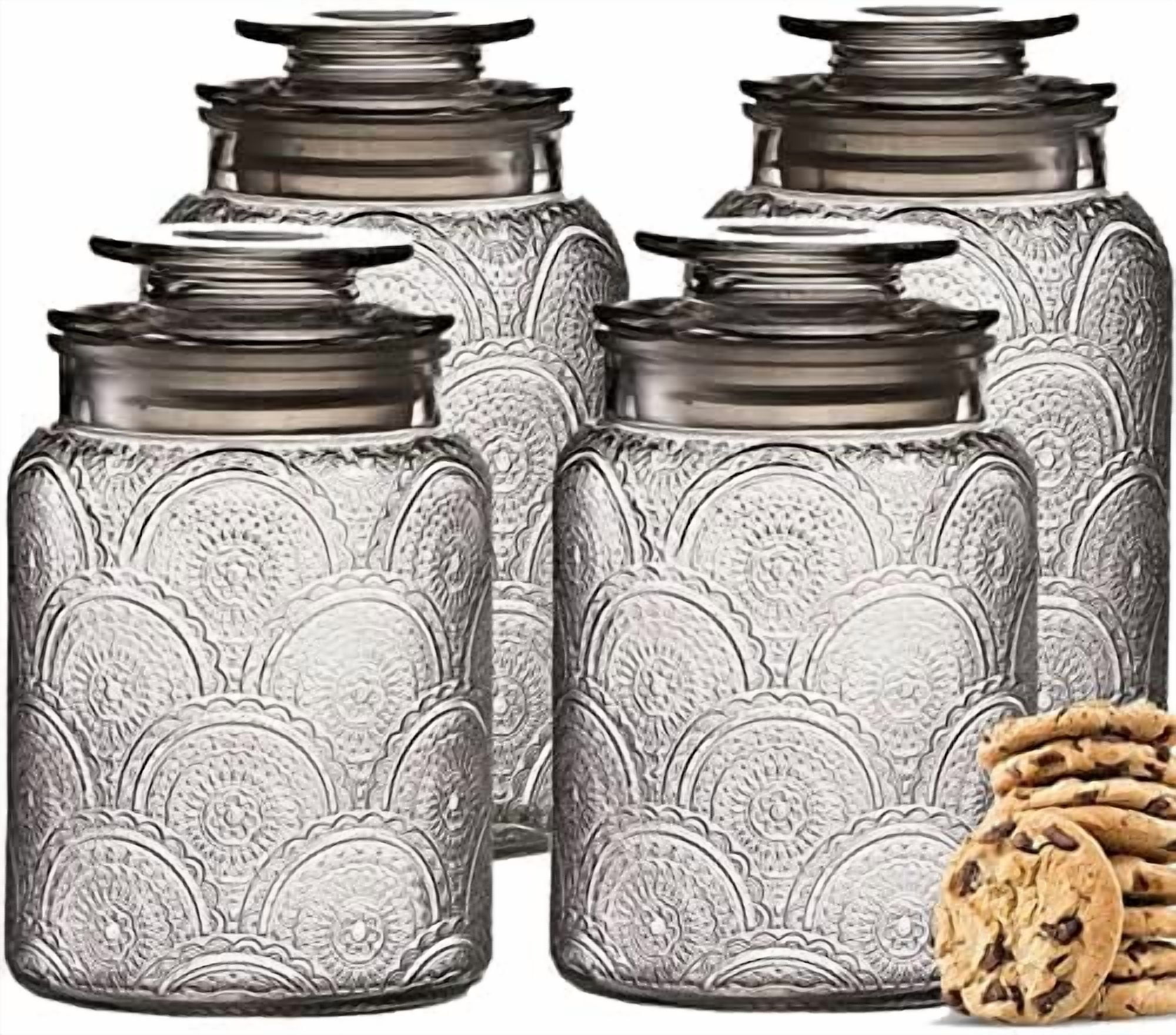4pc Vintage Glass Canister Set with Airtight Lids - For Kitchen Food ...