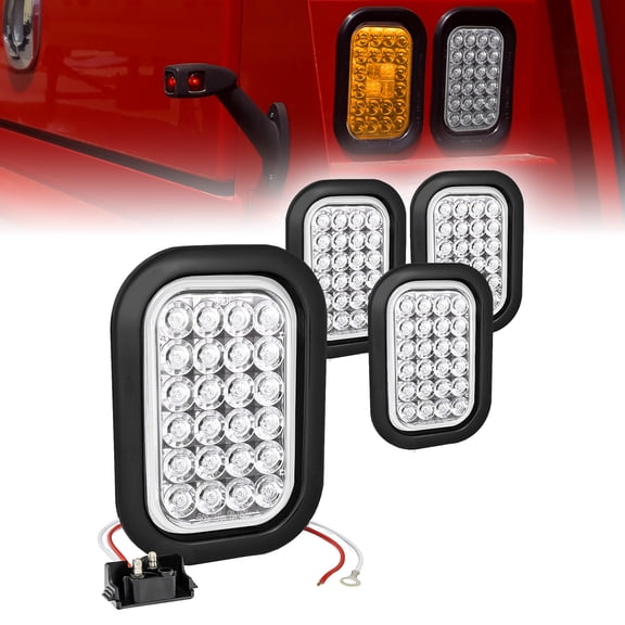 4pc White 5" x 3" Rectangular LED Trailer Tail Light Kit [DOT FMVSS 108] [SAE (2)R] [Grommets & Plugs] [Submersible] [Back-Up/Reverse] [10 LED] Brake Lights for Tow Truck 80 Inch Wide Trailer