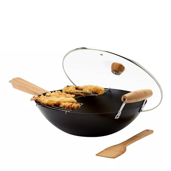4pc Wok Set: Aluminum Cookware, Gas & Electric Compatible, Includes Spoon & Storage Containers