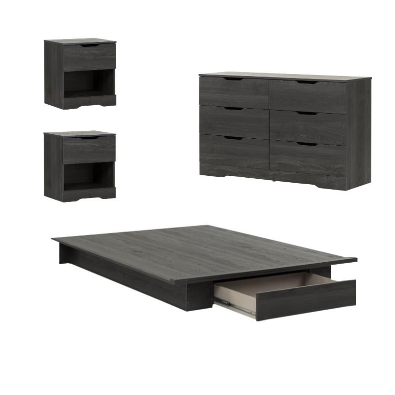 4pc Wood Queen Platform Bedroom Set with Dresser and 2 Nightstands in Gray Oak