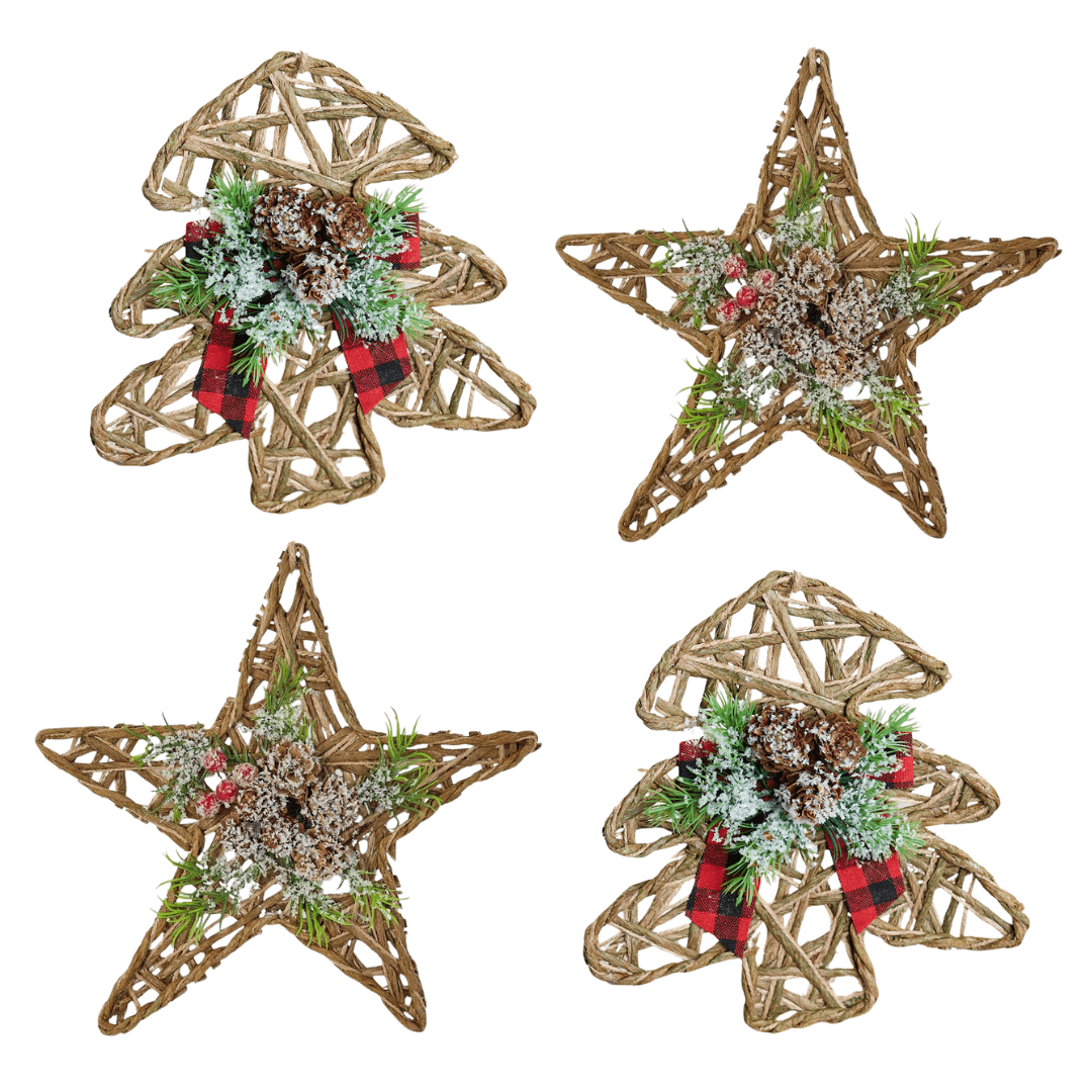4pc Woven Jute Tree and Star Shaped Ornament Set - for Christmas Decor - Factory Direct Craft