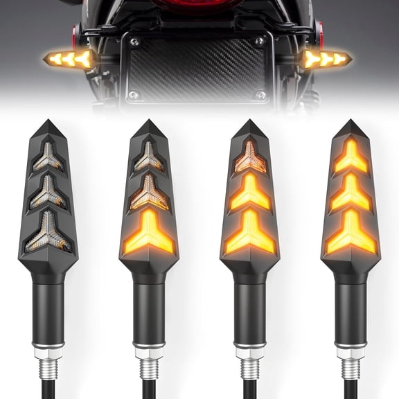 4pc Y-Shaped LED Motorcycle Turn Signals, 12V Flowing Amber Blinker Indicators for Off-Road Bike Scooter Quad, Amber Yellow