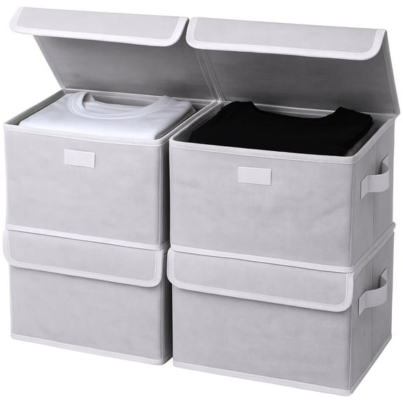 4 Pcs Storage Box with Lid, Foldable Non-woven Fabric Storage Basket, 10.2 x 8.3 x 6.7 in / 26 x 21 x 17 cm, Closet Wardrobe Organizer Bins for Home, Office, Gray