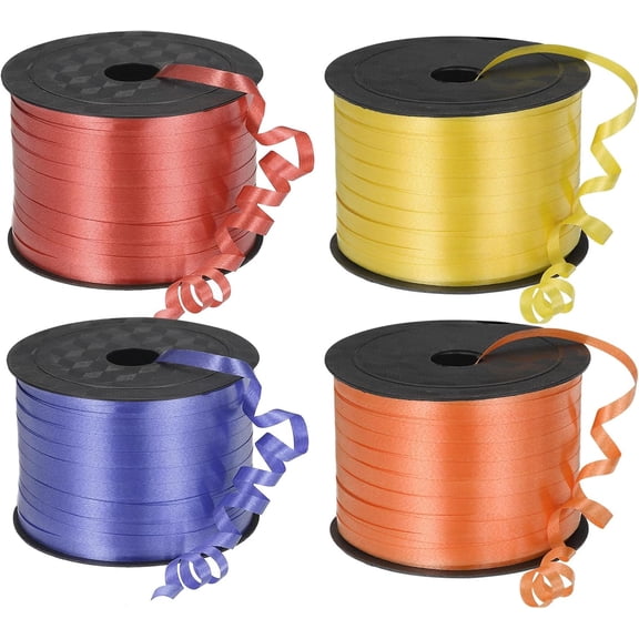 4pcs 100 Yards Curling Ribbon Crimped Balloon String Metallic 3/16" for Party Decoration Gift Wrapping Art Crafts, Red/Yellow/Orange/Blue