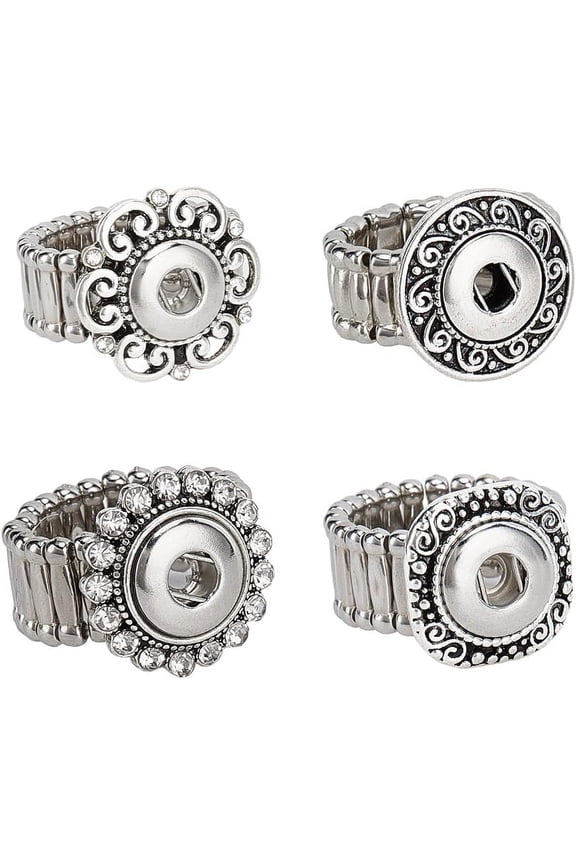 4pcs 12mm Snap Buttons Jewelry - Adjustable Ring Charms Metal Accessory Interchangeable Alloy DIY Rings for Women Finger Jewelry Making Supplies Silver