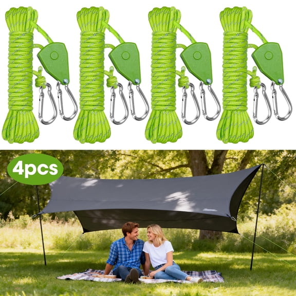 4pcs 13ft Camping Rope Tent Rope Guyline with Ratchet Pulley, TSV Adjustable Tarp Tie Down Ropes for Tent Tarp, Canopy Shelter, Camping