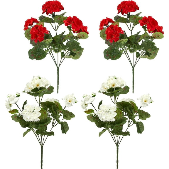 4pcs 14in Artificial Geraniums Fake Silk Red White Flowers Outdoor UV Resistant for Garden Plants Bush Home Decor