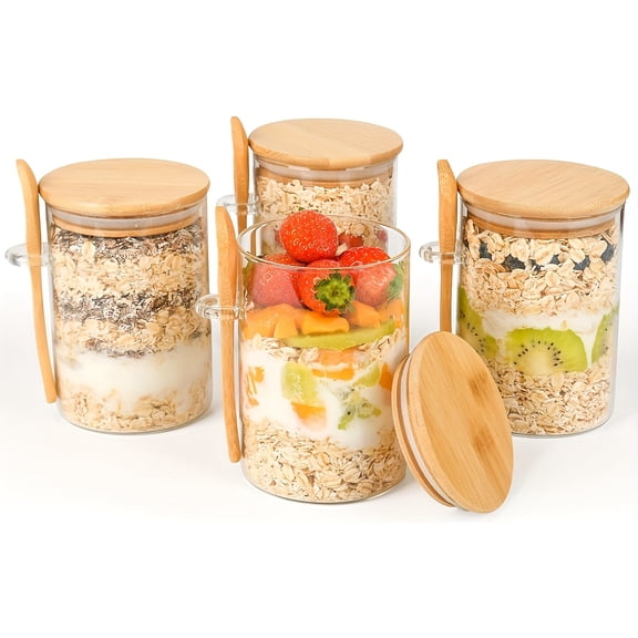4pcs, 16 Oz Granola Cups, Salad Bowls, Granola Jars, Granola Cups, Meal Prep Containers with Lid And Spoon, Glass Jars of Chia Seeds, Pudding, Yogurt, Salad, Cereal