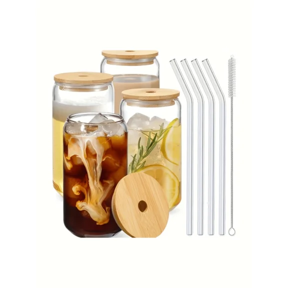 4pcs 16oz Glass Cups with Lids & Straws, Mason Jar Drinking Glasses for Coffee/Beer, Reusable Bamboo Lids & Straw Cleaner, Commercial Use