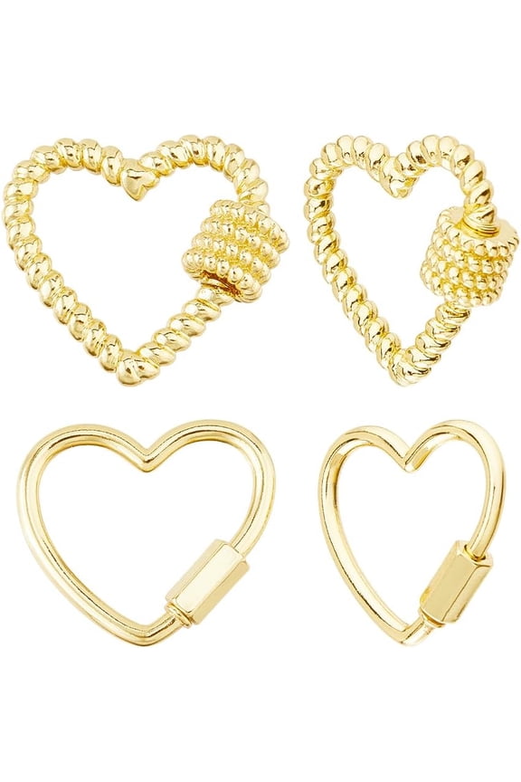 4pcs 18k Gold Plated Heart Carabiner Lock Charms 2 Styles Brass Clasp Screw Locking Clasps