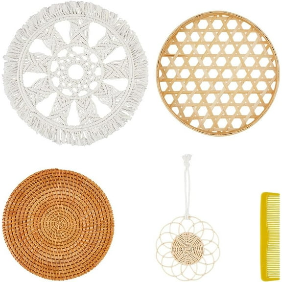 4pcs/1Set Round Rattan Wall Decor Boho Wall Basket Macrame Wall Hanging Cotton Woven Flower Decor Bamboo Colander Bamboo Sieve Wall Tapestry