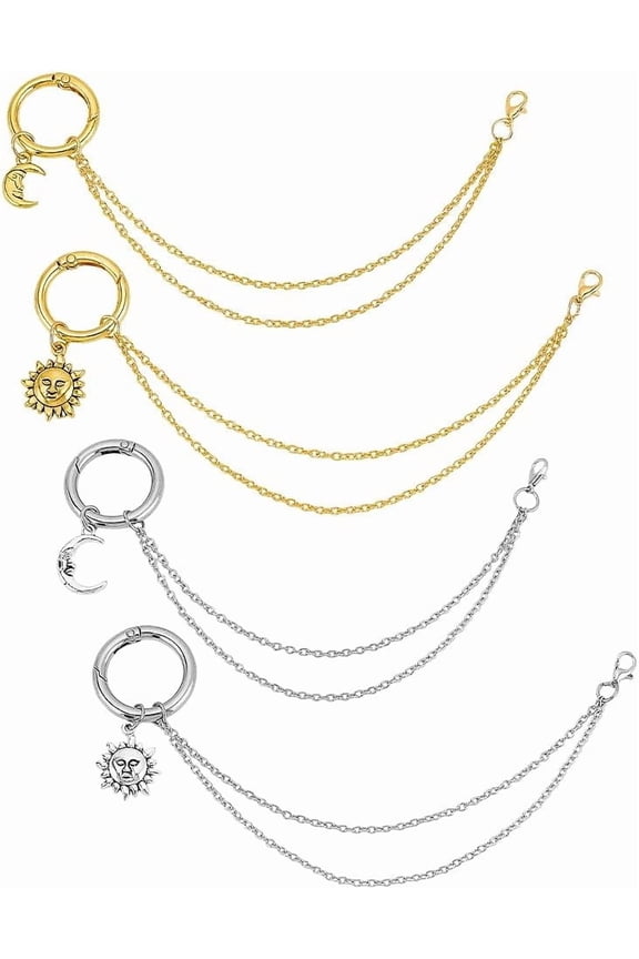4pcs 2 Styles Shoe Chains Sun & Moon Shoe Charm Chains Goth Punk Style Boot Chains for Men Women Shoe Accessories Shoelace Charms with Spring Gate Rings Golden/Platinum 7.5 Inch