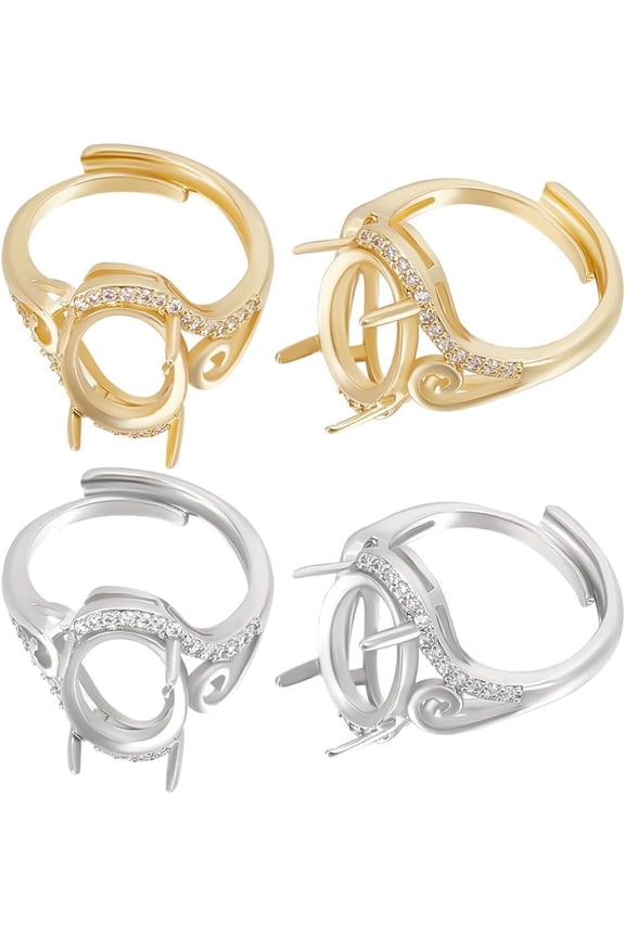 4pcs 2 colors Adjustable Brass Micro Pave Clear Cubic Zirconia Solitaire Ring Settings 4 Claw Prong Ring Settings Oval Platinum & Golden US Size 6 3/4(17.1mm) Tray: 14x10mm 2pcs/color