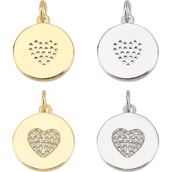 4pcs 2 colors Eco-Friendly Brass Micro Pave Cubic Zirconia Pendants with Jump Ring Long-Lasting Plated Flat Rounnd with Heart Pattren Mixed color 15.7x13.7x1.7mm 2pcs/color