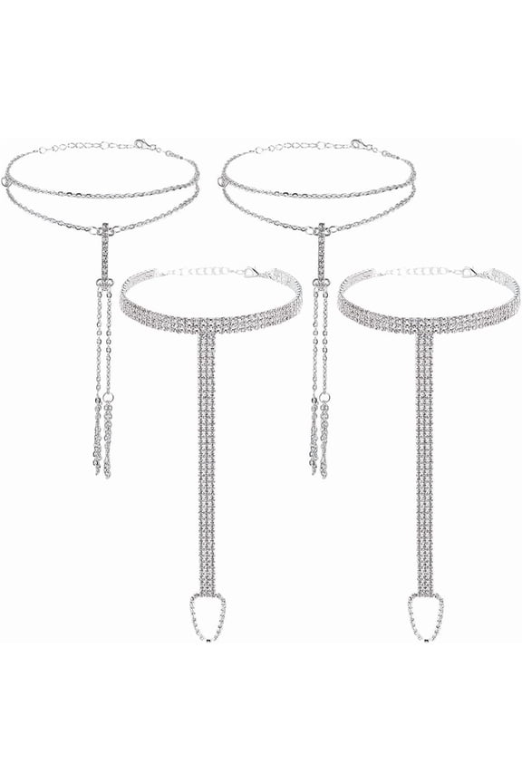 4pcs 2 styles Alloy Full Crystal Rhinestone Anklets Toe Rings for Women Platinum & Silver 8.46~8.85 inch(21.5~22.5cm) 2pcs/style