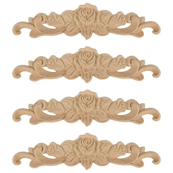 4pcs 20*5cm Rubber wood Carved Long Onlay Applique Unpainted Flower Door Home Decor European Style
