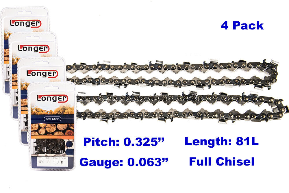 4pcs 20'' Chainsaw Chain Blade Full Chisel .325 Pitch .063 Gauge 81 DL ...