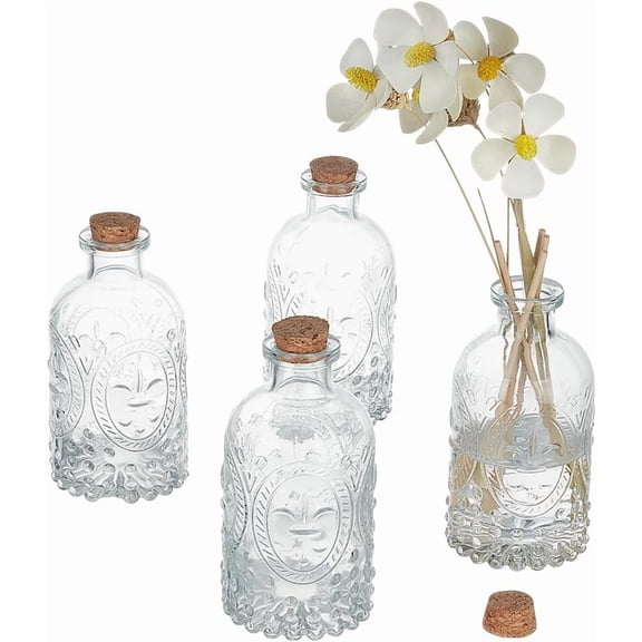4pcs 200ml Glass Bottles with Cork Lids Vintage Embossed Decorative Bottles for Home Decor Kitchen Spices Jar Aromatherapy Vase Perfume Bottle