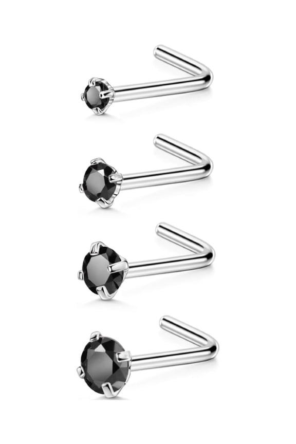 4pcs 20g Nose Rings Studs 1.5mm 2mm 2.5mm 3mm Black Round CZ Diamond Nose Studs Cubic Zirconia Nose Stud L Shaped Nose Studs for Women Nostril Piercing Jewelry 20 Gauge Nose Studs L Bend